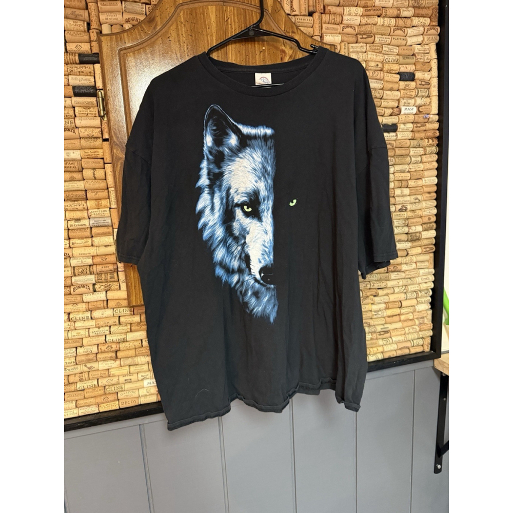 Vintage Wolf Face graphic Print 100% Cotton T-shirt Black Sz 3X Outdoor